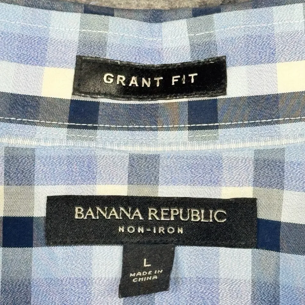 Banana Republic Grant Fit Non-Iron Plaid Button Shirt Men's L Blue 1644